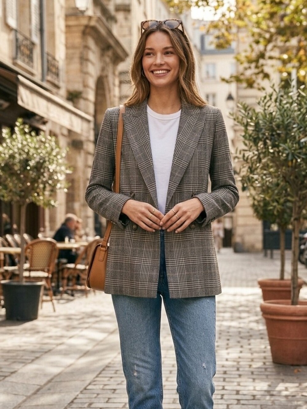 H&M Gray Plaid Double-Breasted Blazer
